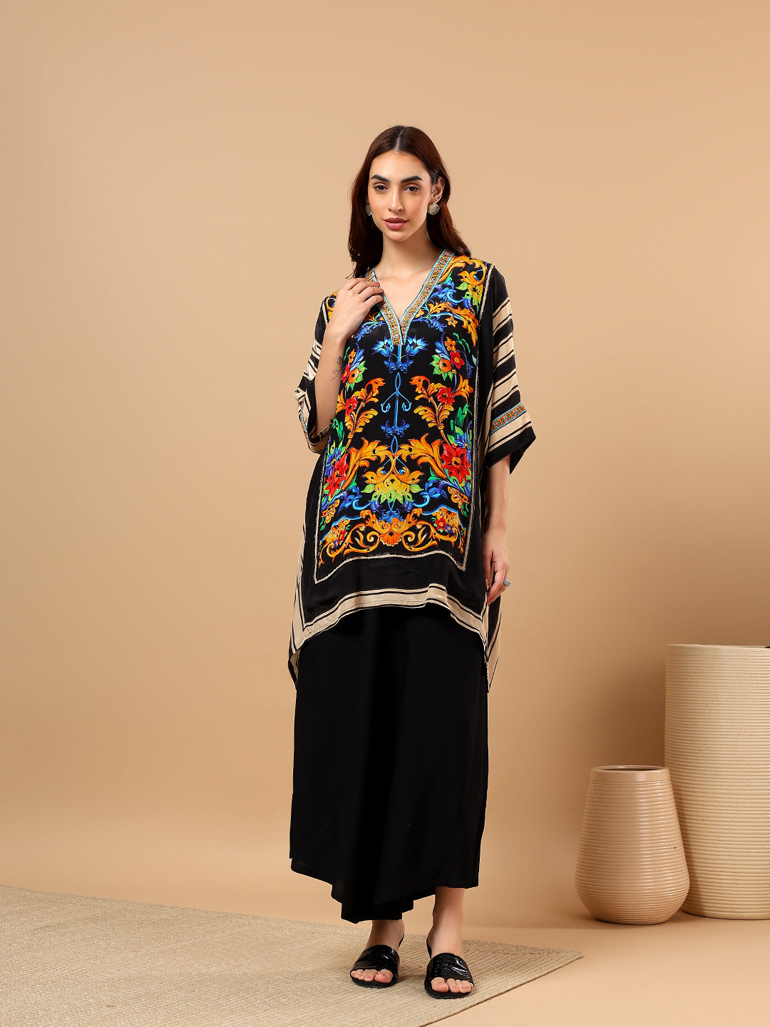 Black Printed Satin Cord Set