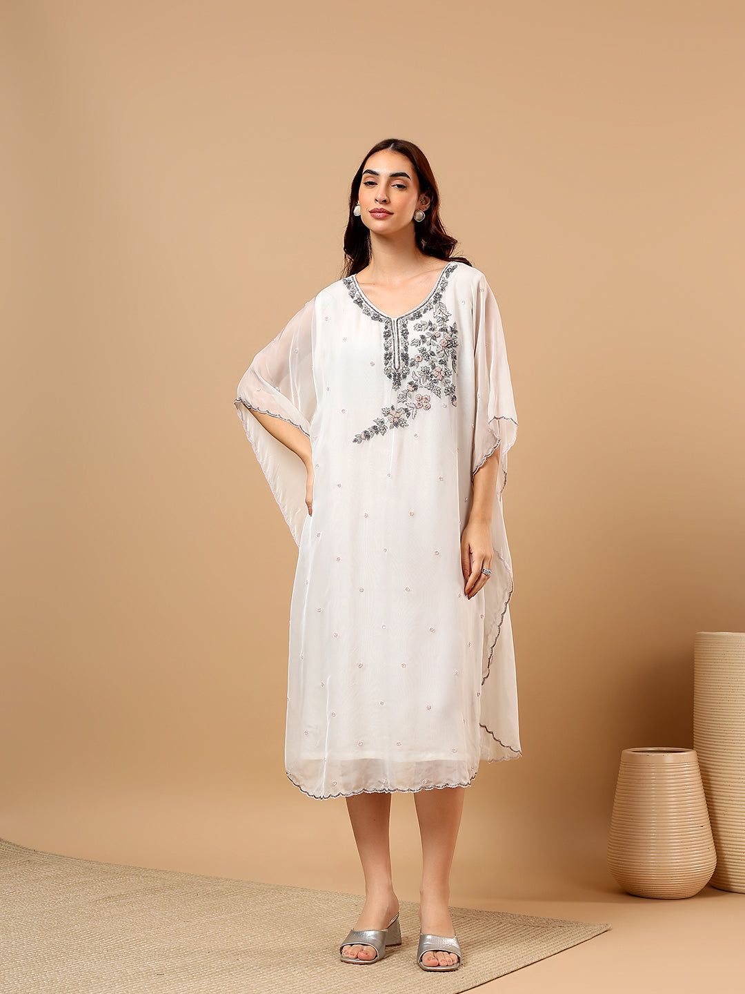 White Georgette Hand Embroidered Kaftan