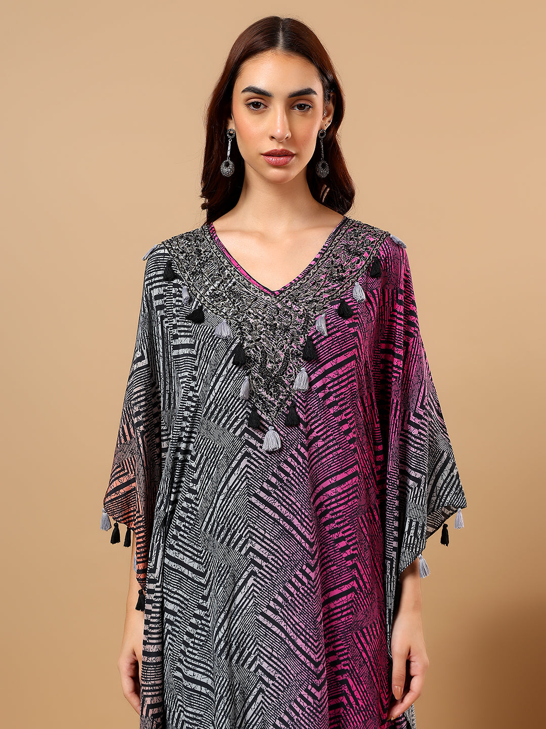 Grey Chinon Printed Kaftan Cord Set