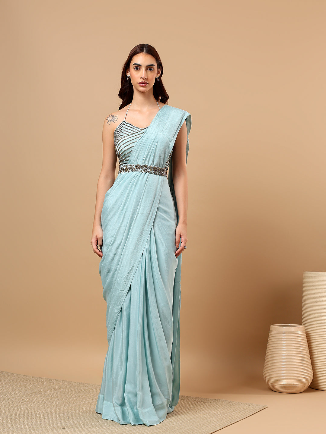 Sky Blue Chinon Hand Embellished Draped Saree with Cape