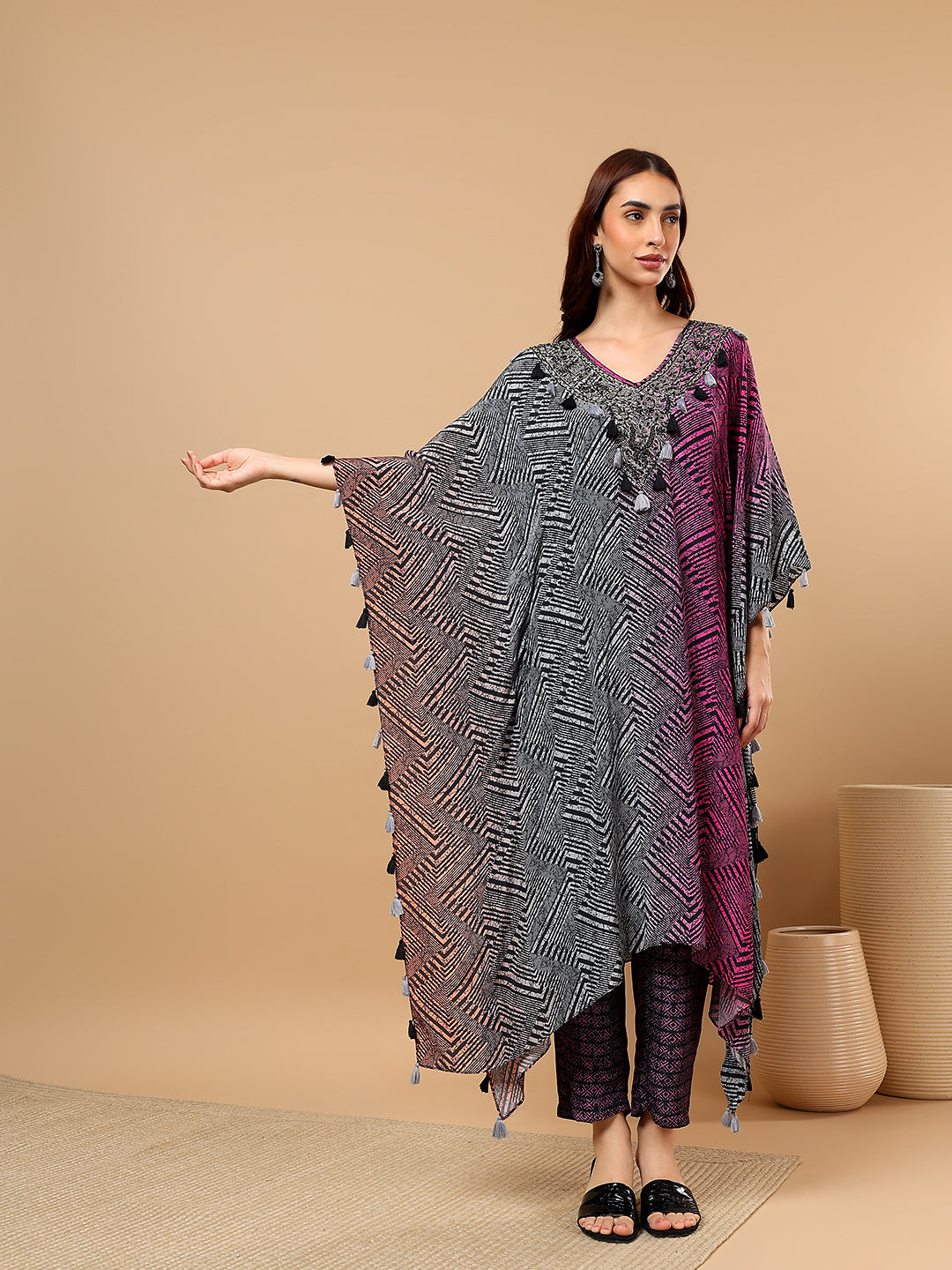 Grey Chinon Printed Kaftan Cord Set