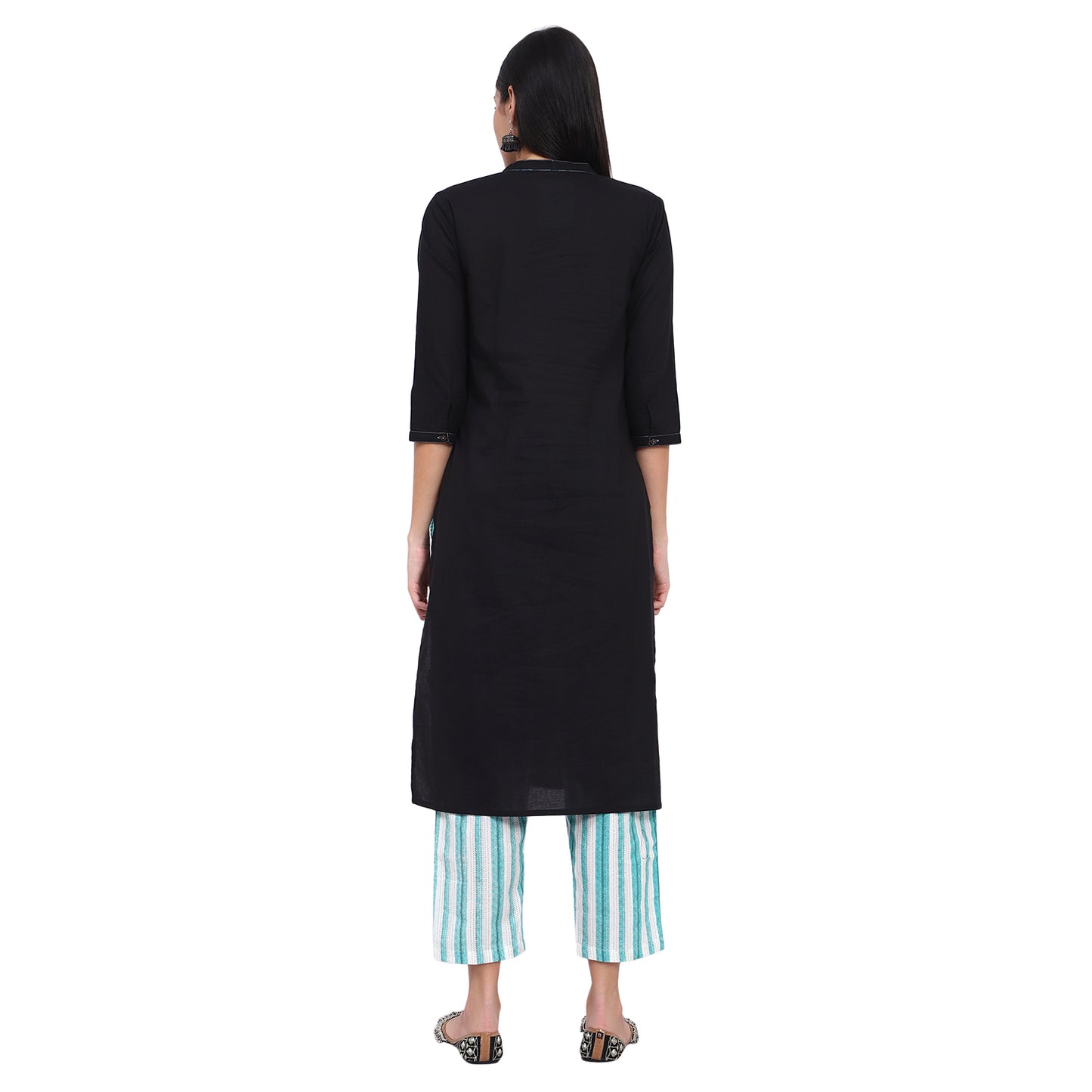 Black Cotton Kurta Blue Striped Pants Kurta