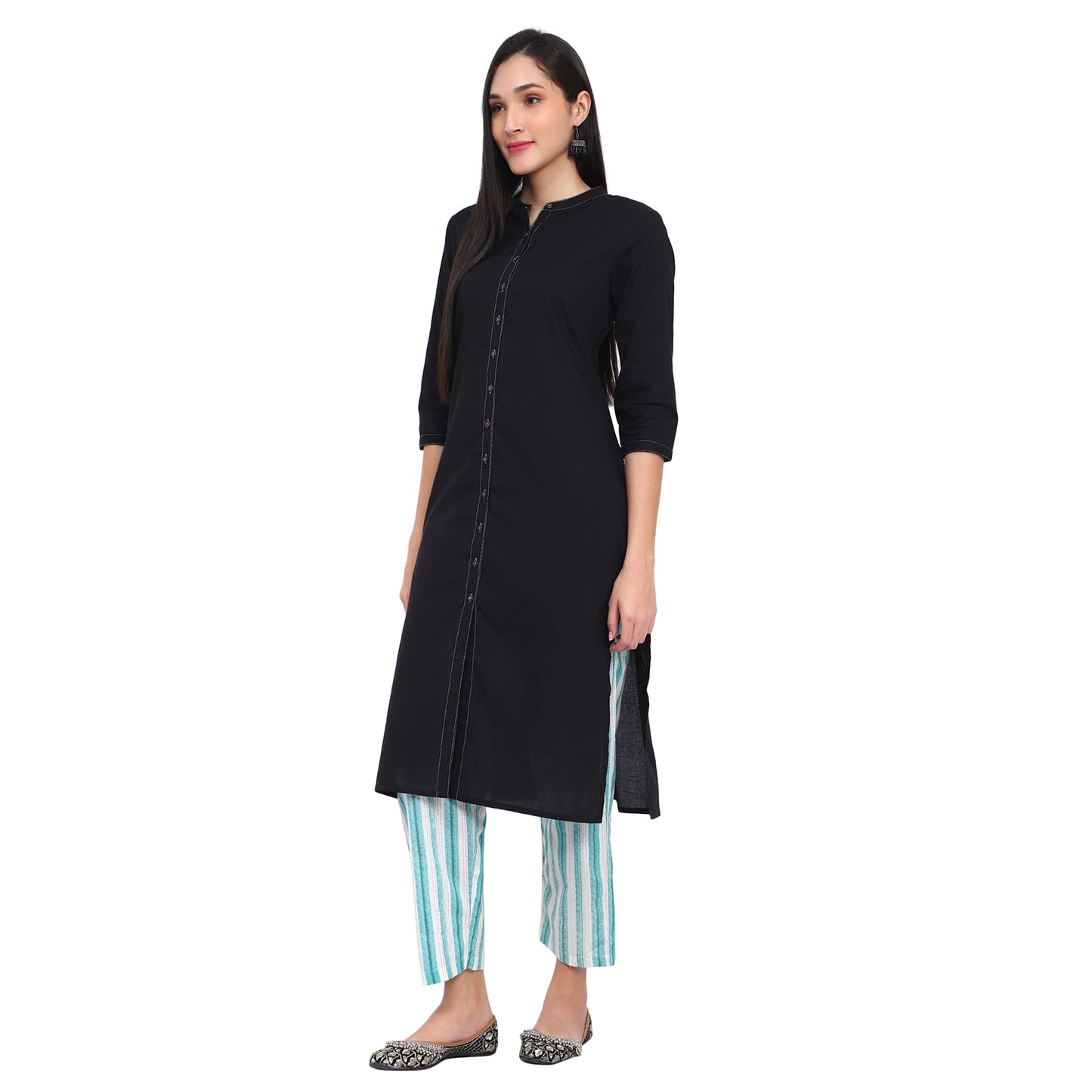 Black Cotton Kurta Blue Striped Pants Kurta