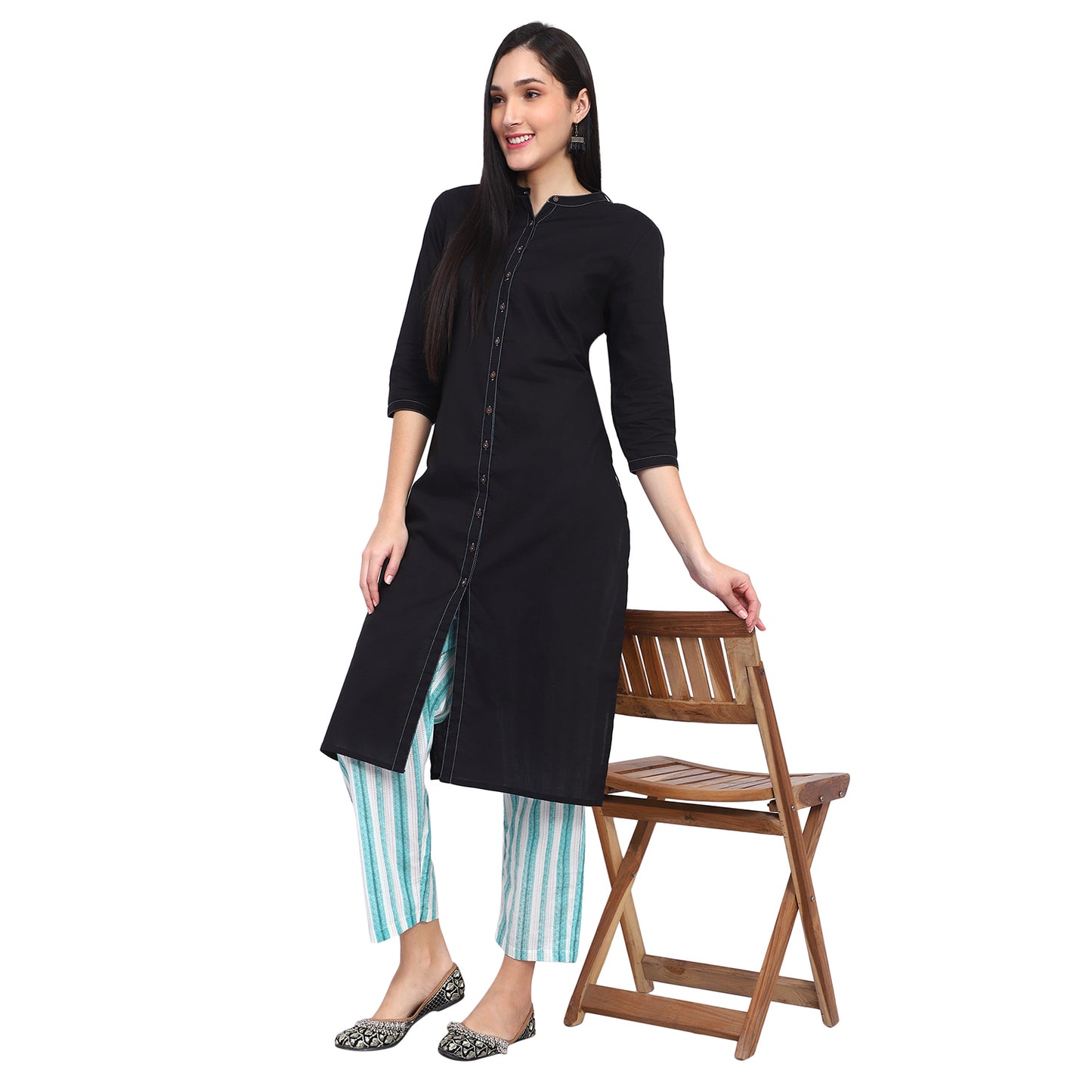 Black Cotton Kurta Blue Striped Pants Kurta