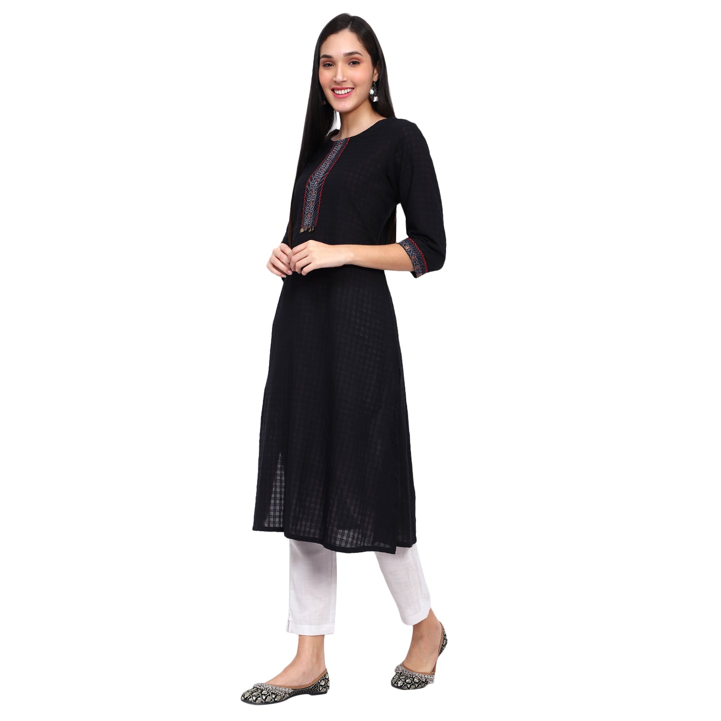 Embroidered Round-Neck A-Line Kurta
