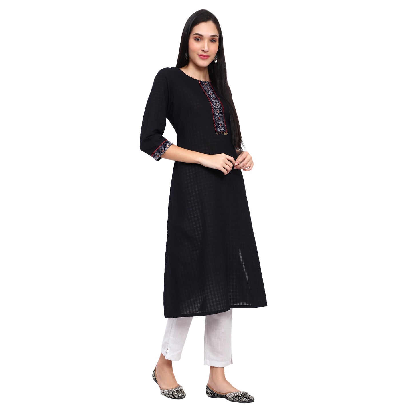 Embroidered Round-Neck A-Line Kurta