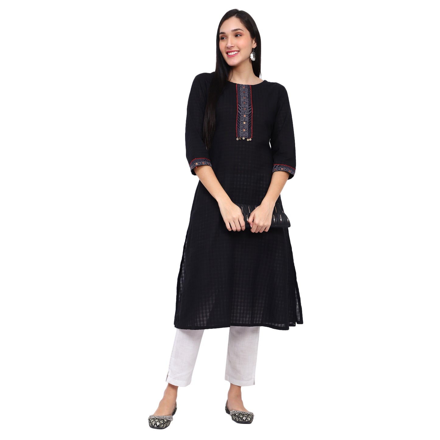 Embroidered Round-Neck A-Line Kurta