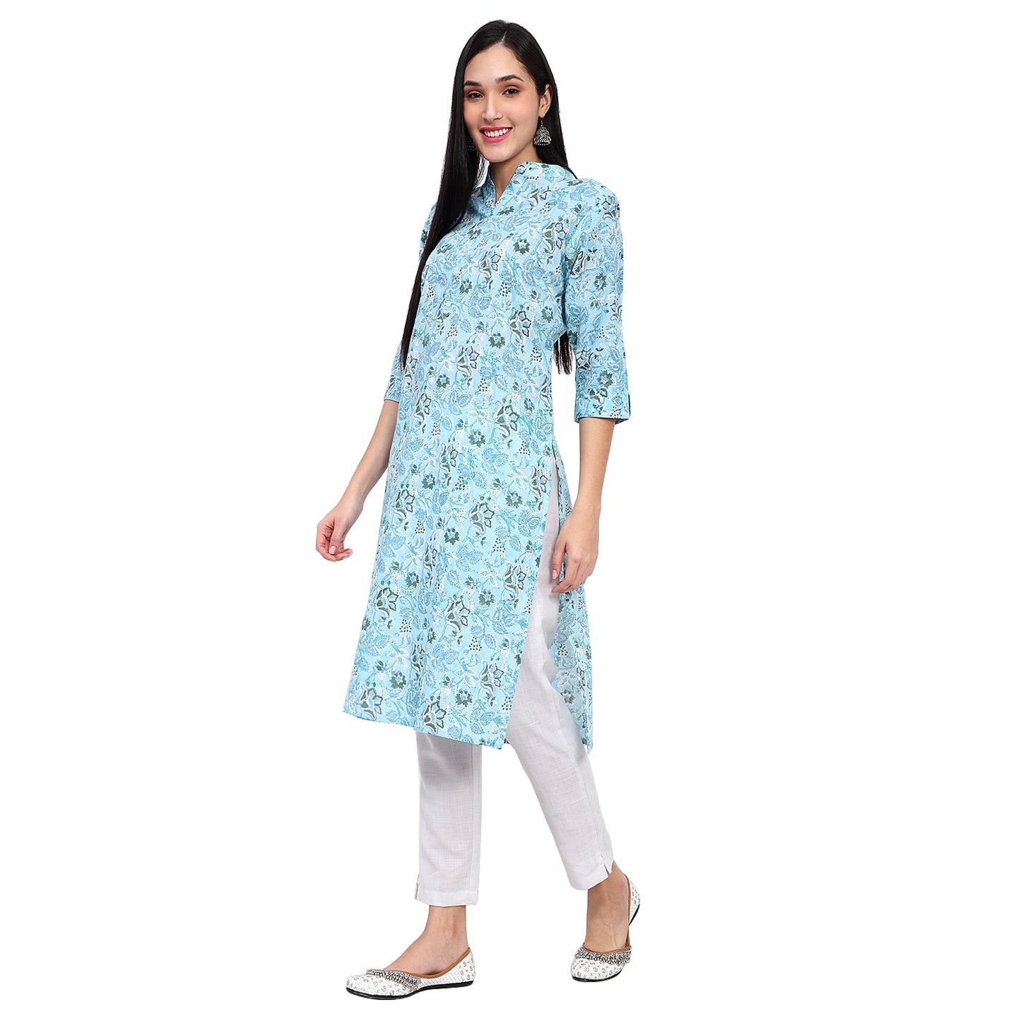 Floral Print straight kurta with mandarin collar