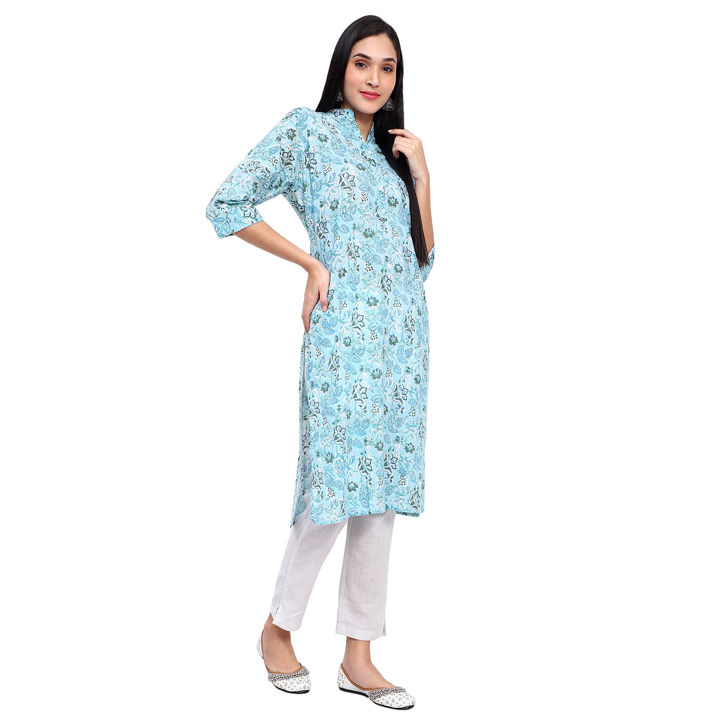 Floral Print straight kurta with mandarin collar