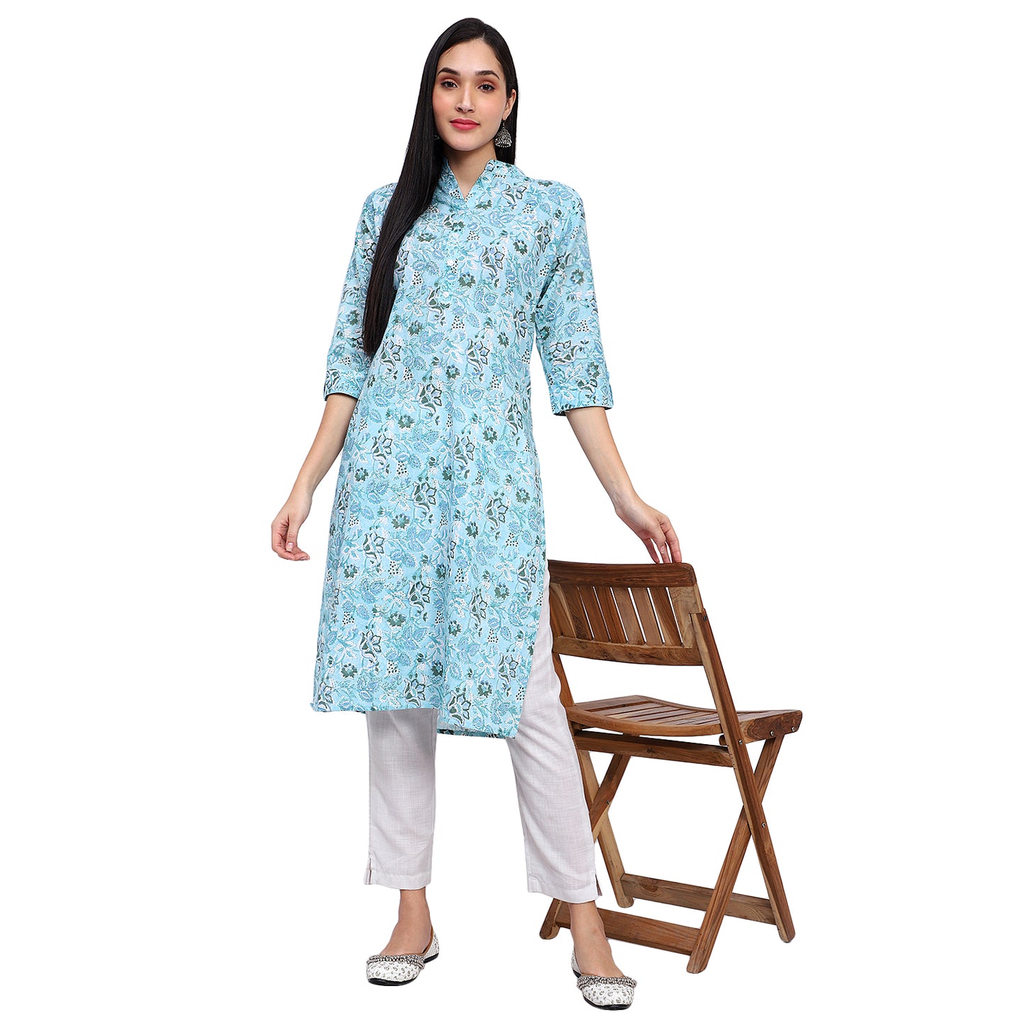 Floral Print straight kurta with mandarin collar