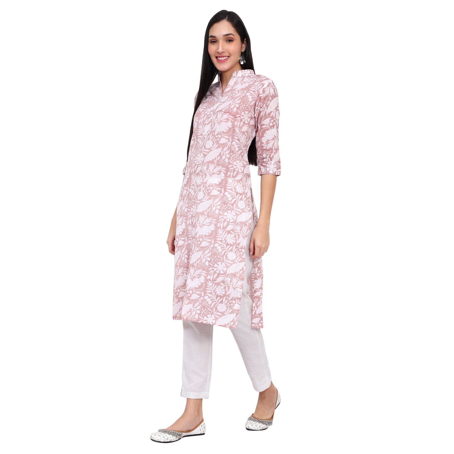 Peach Cotton Printed Kurta