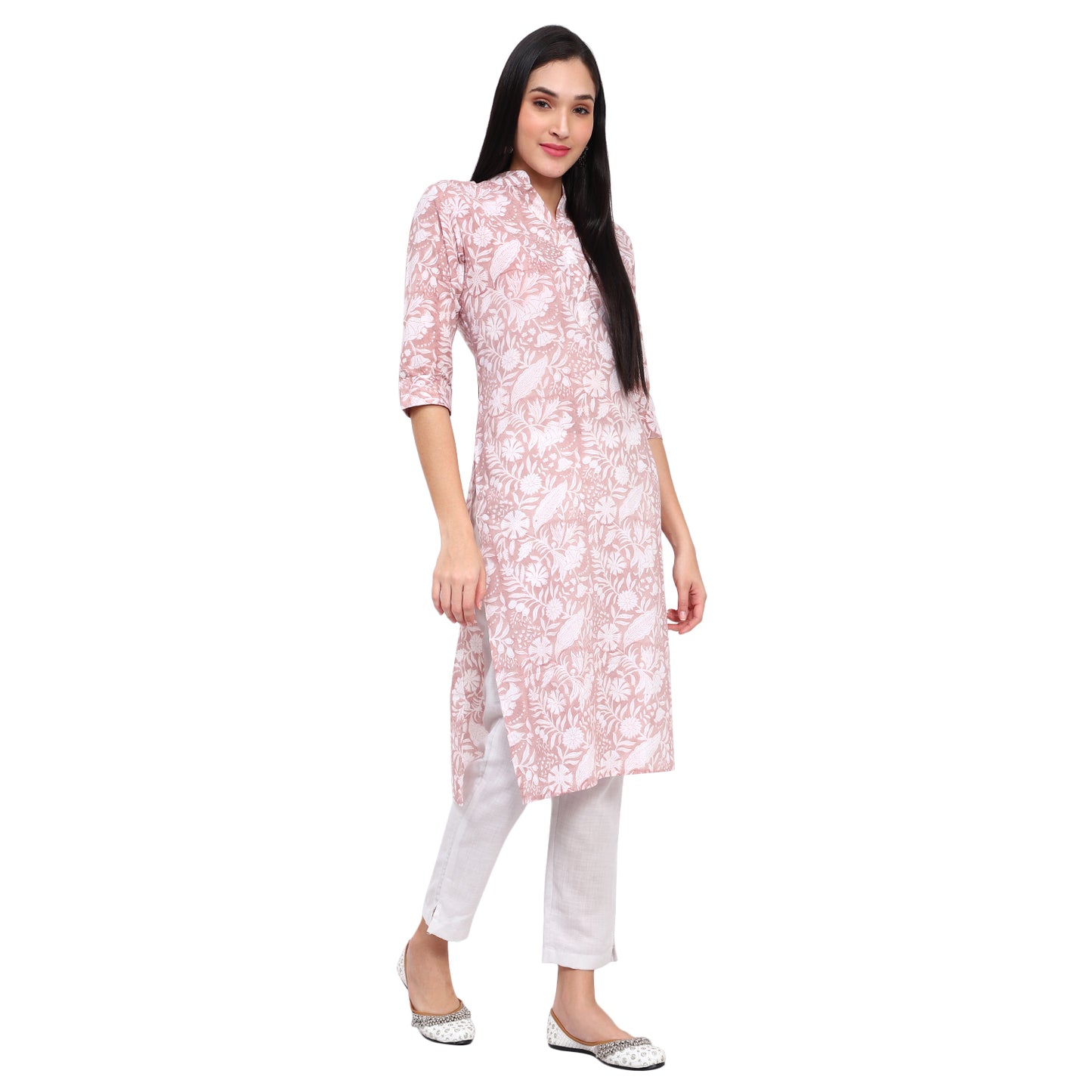Peach Cotton Printed Kurta