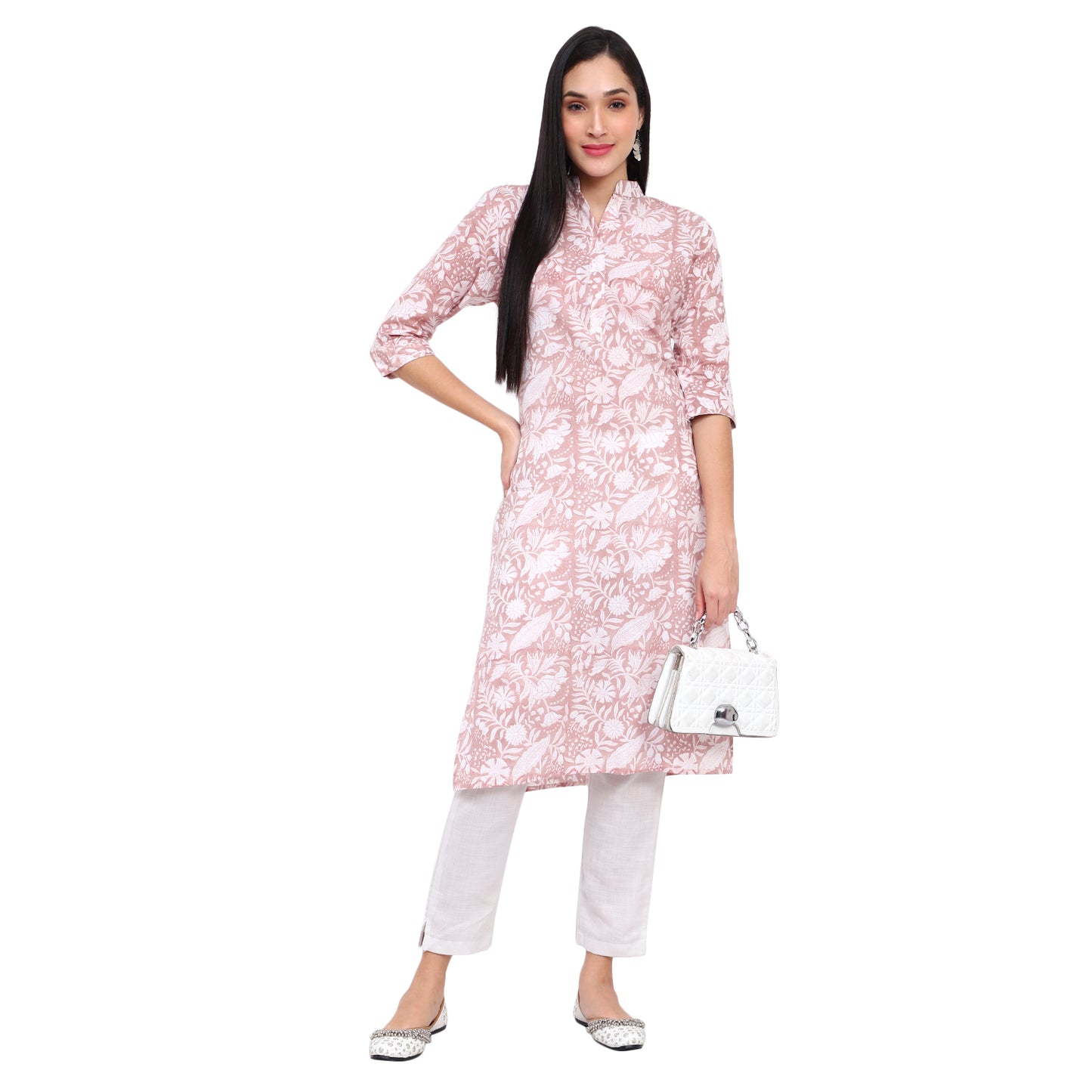 Peach Cotton Printed Kurta