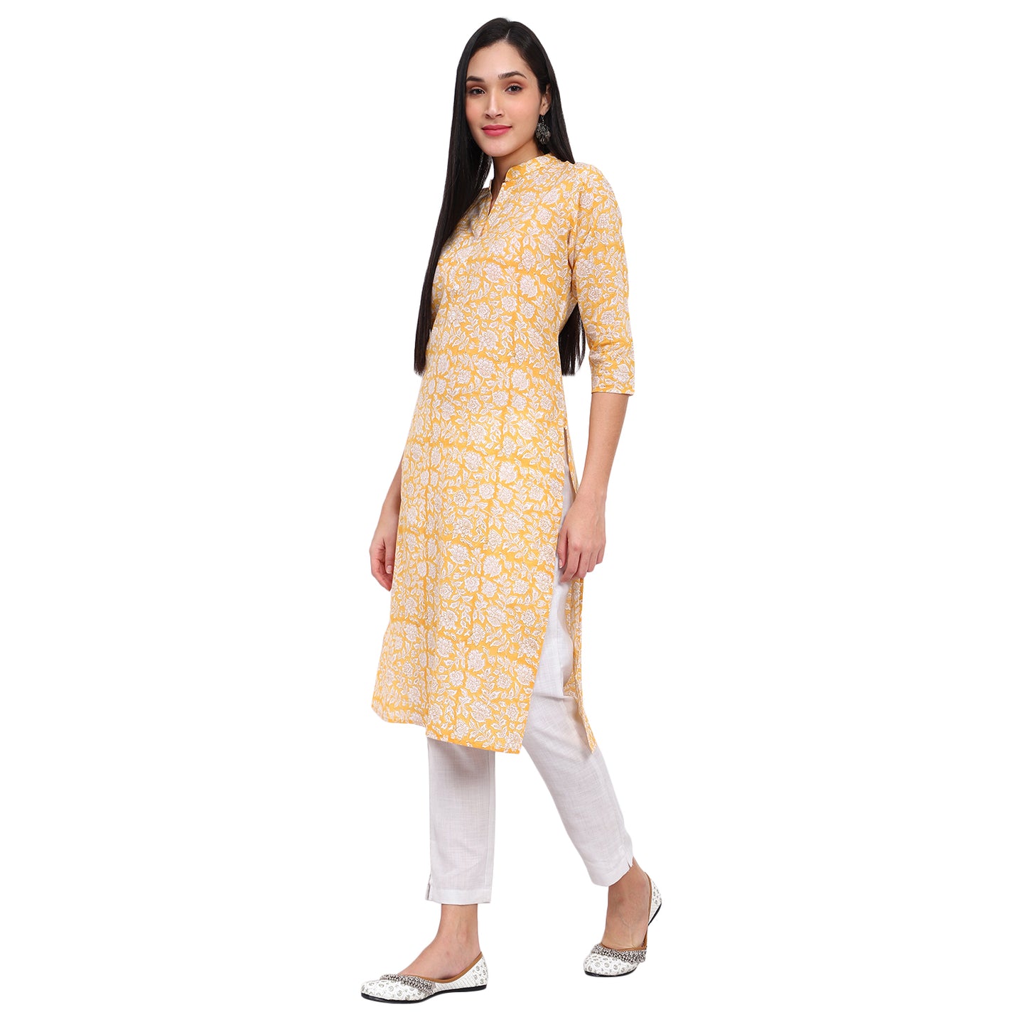 Floral Print Straight Kurta with Mandarin Collar