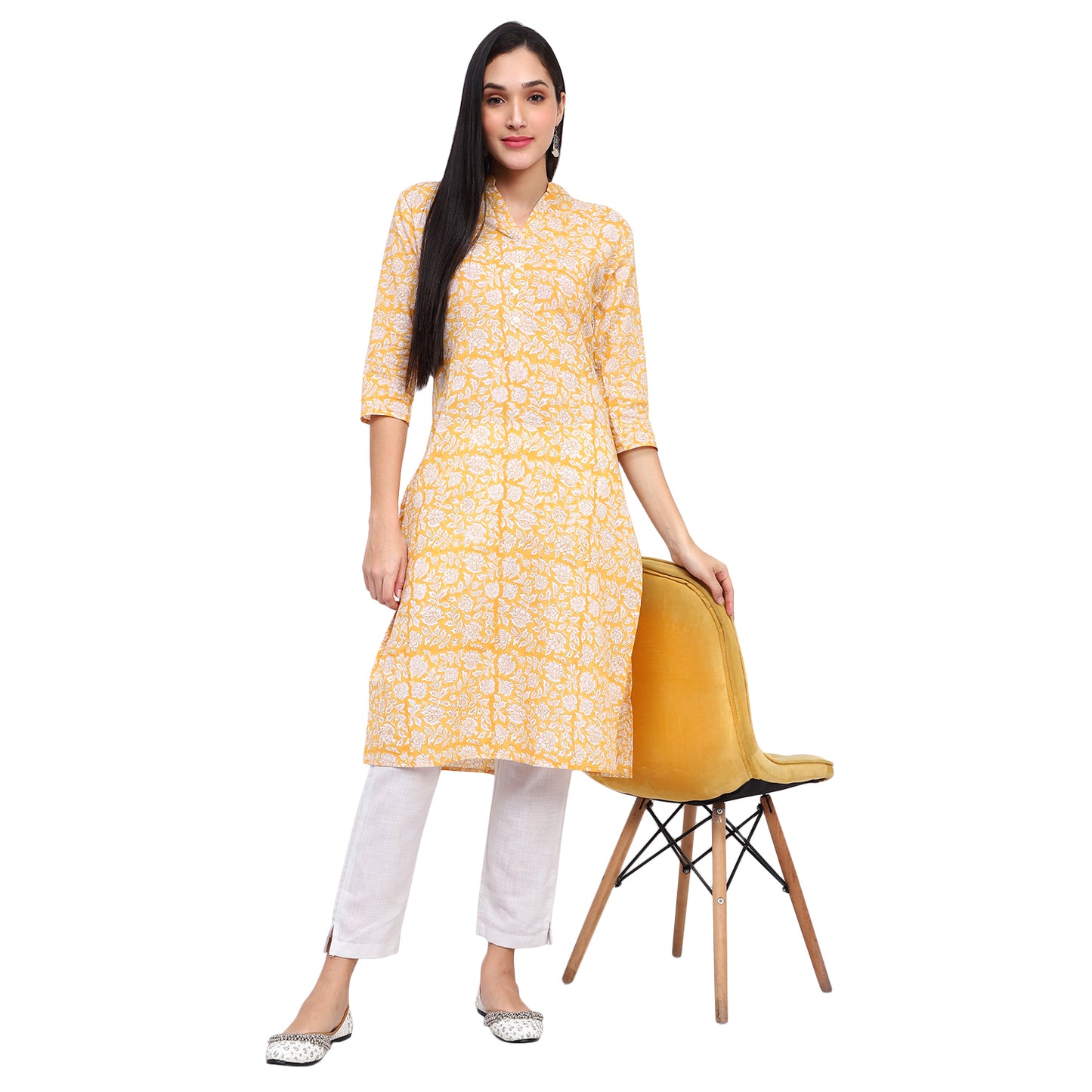 Floral Print Straight Kurta with Mandarin Collar