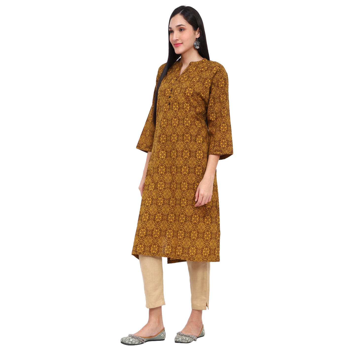 Floral Print Straight Kurta with Mandrian Collar