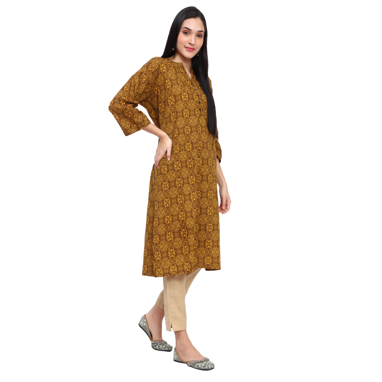 Floral Print Straight Kurta with Mandrian Collar