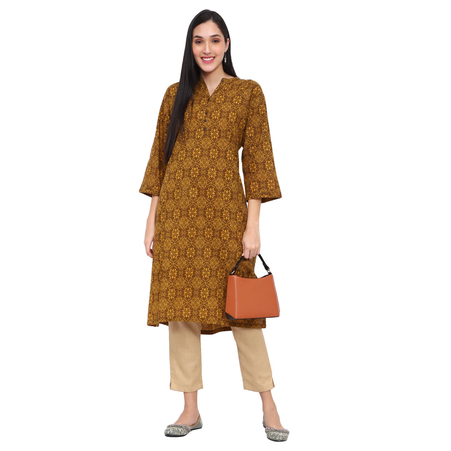 Floral Print Straight Kurta with Mandrian Collar