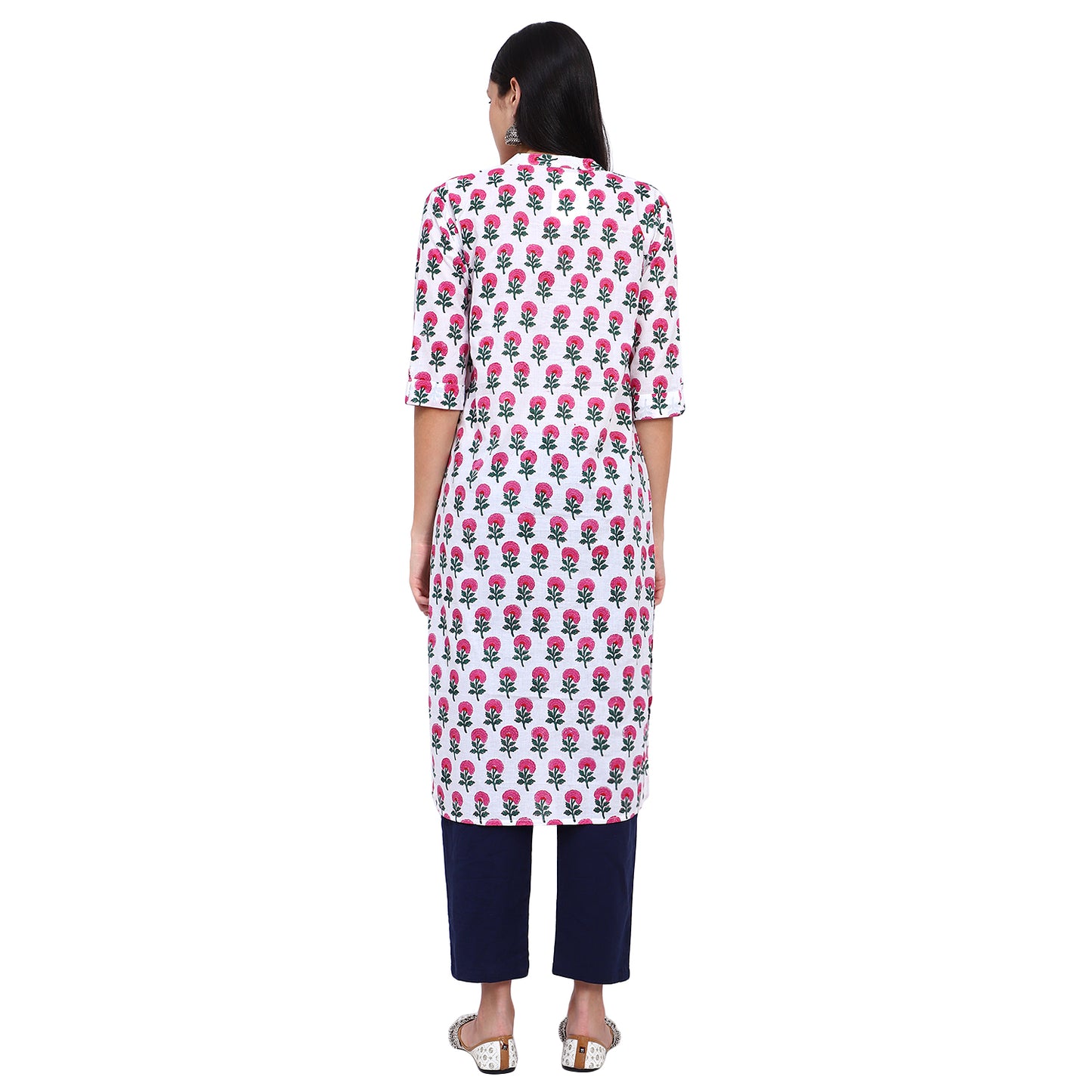 Floral Print Straight Kurta With Mandrin Collar