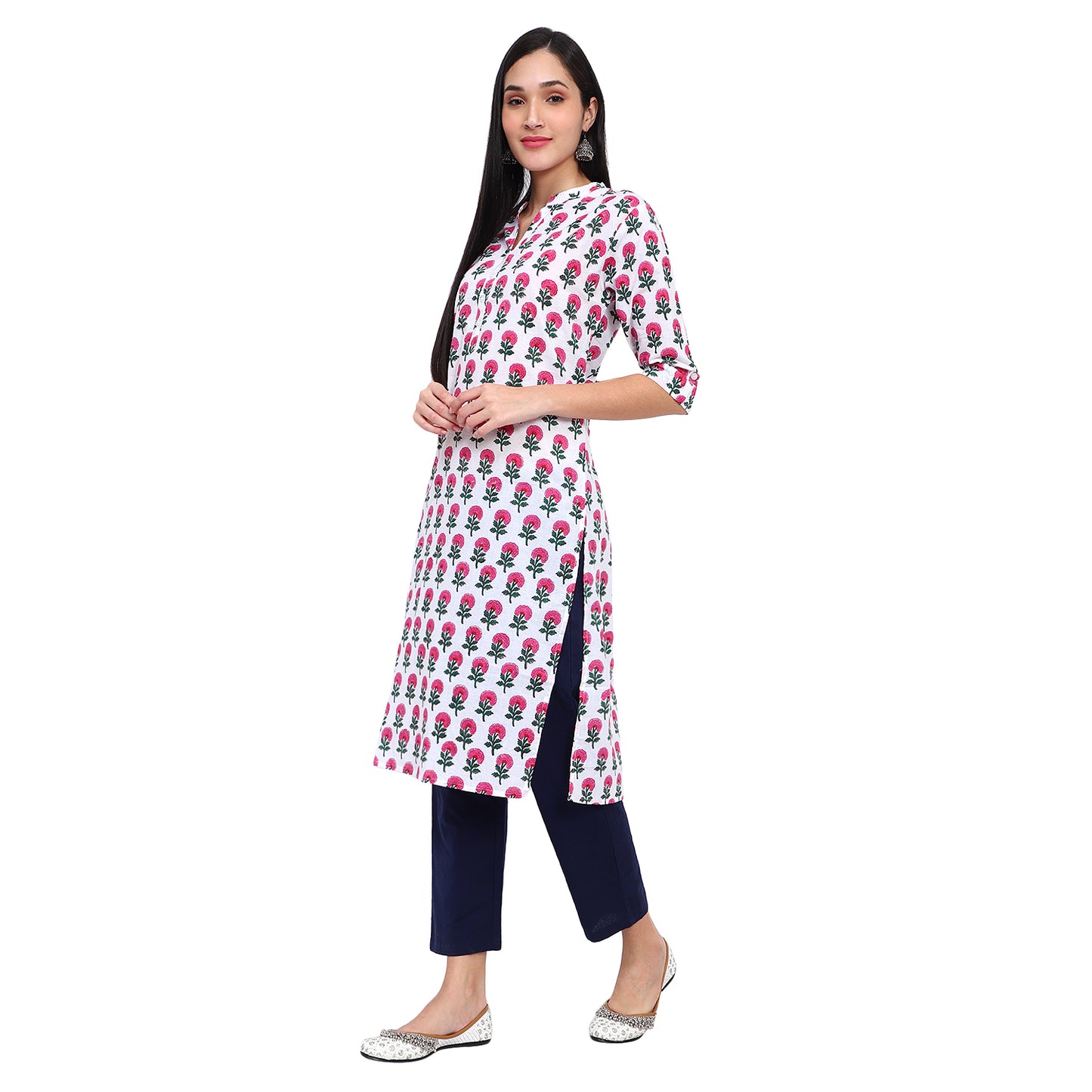 Floral Print Straight Kurta With Mandrin Collar
