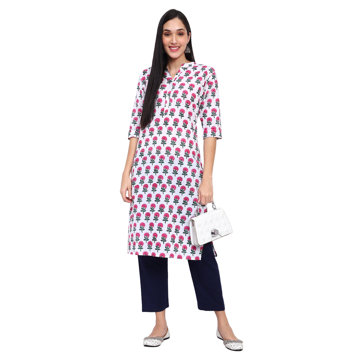 Floral Print Straight Kurta With Mandrin Collar