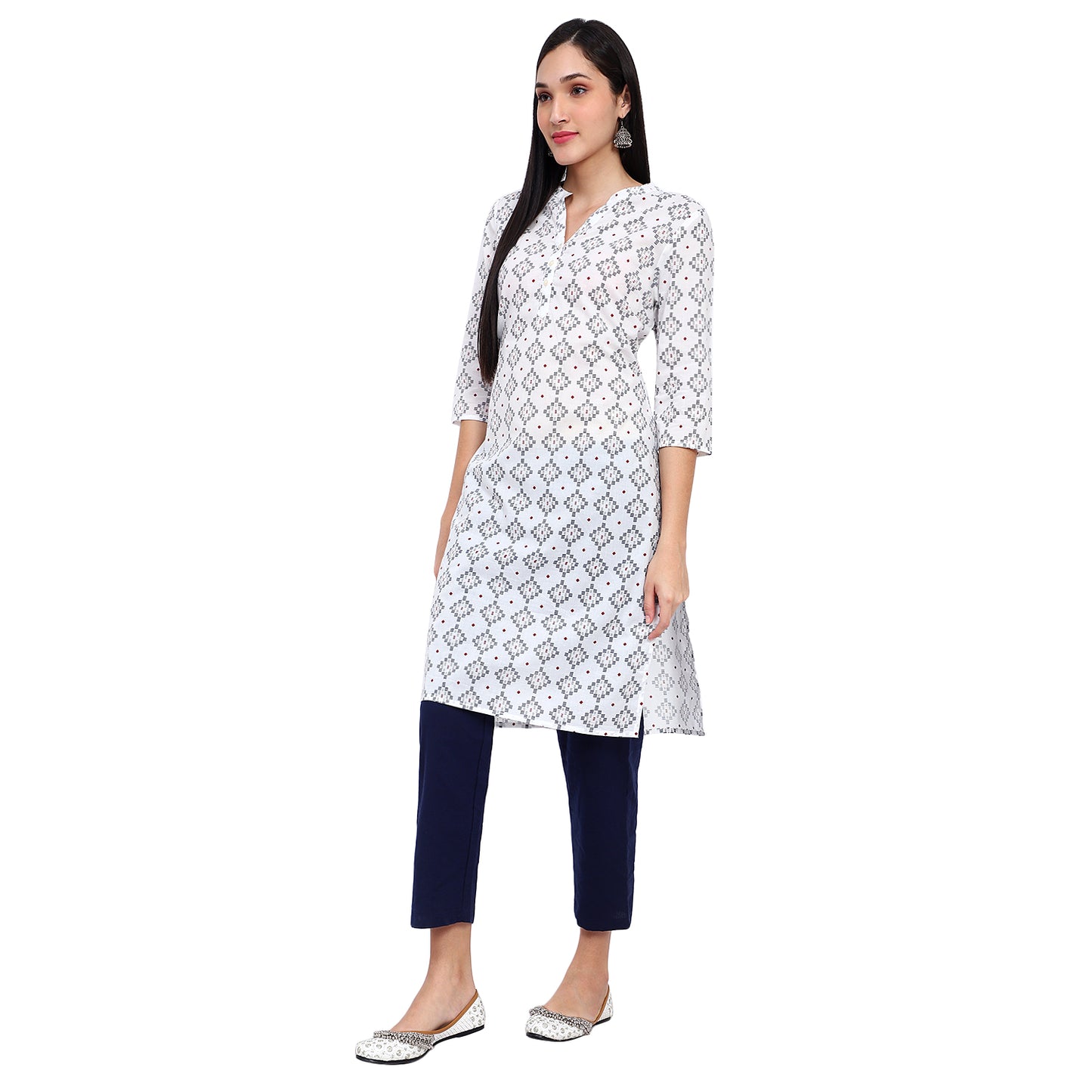 White Geometric Print Cotton Kurta