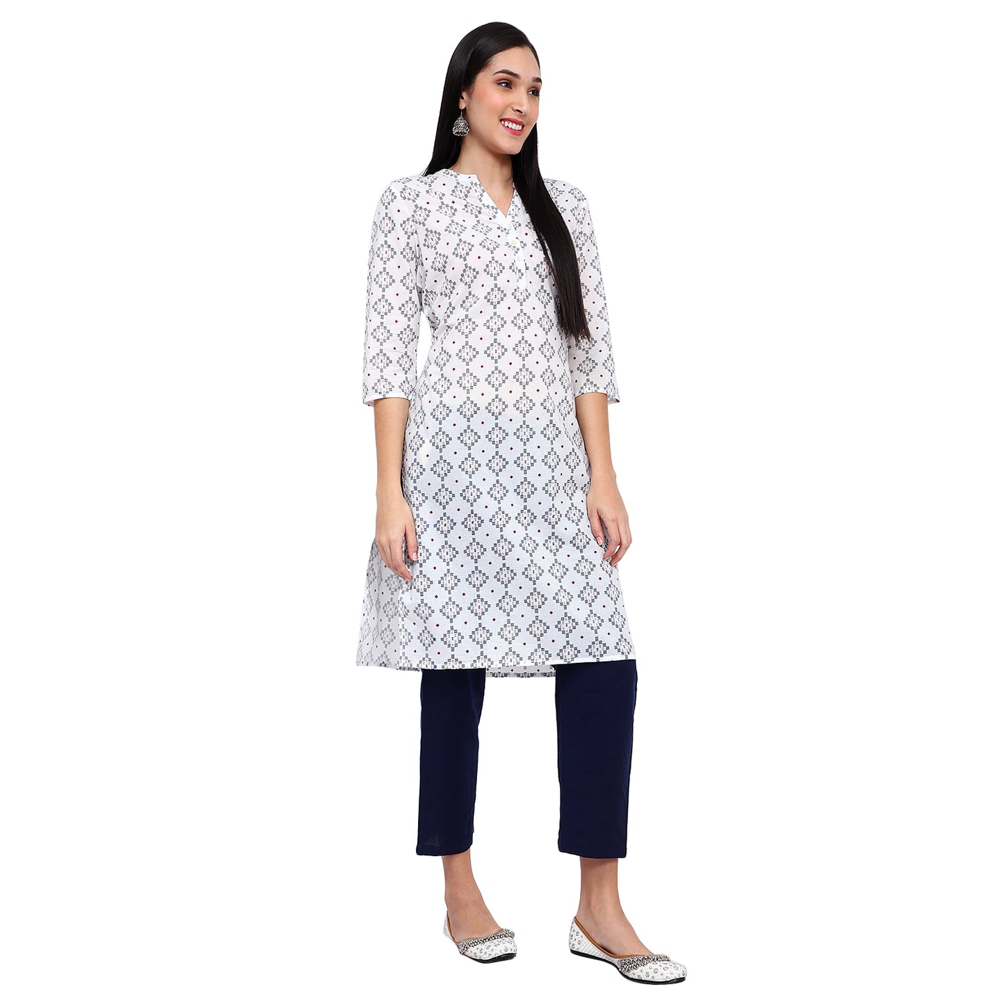 White Geometric Print Cotton Kurta