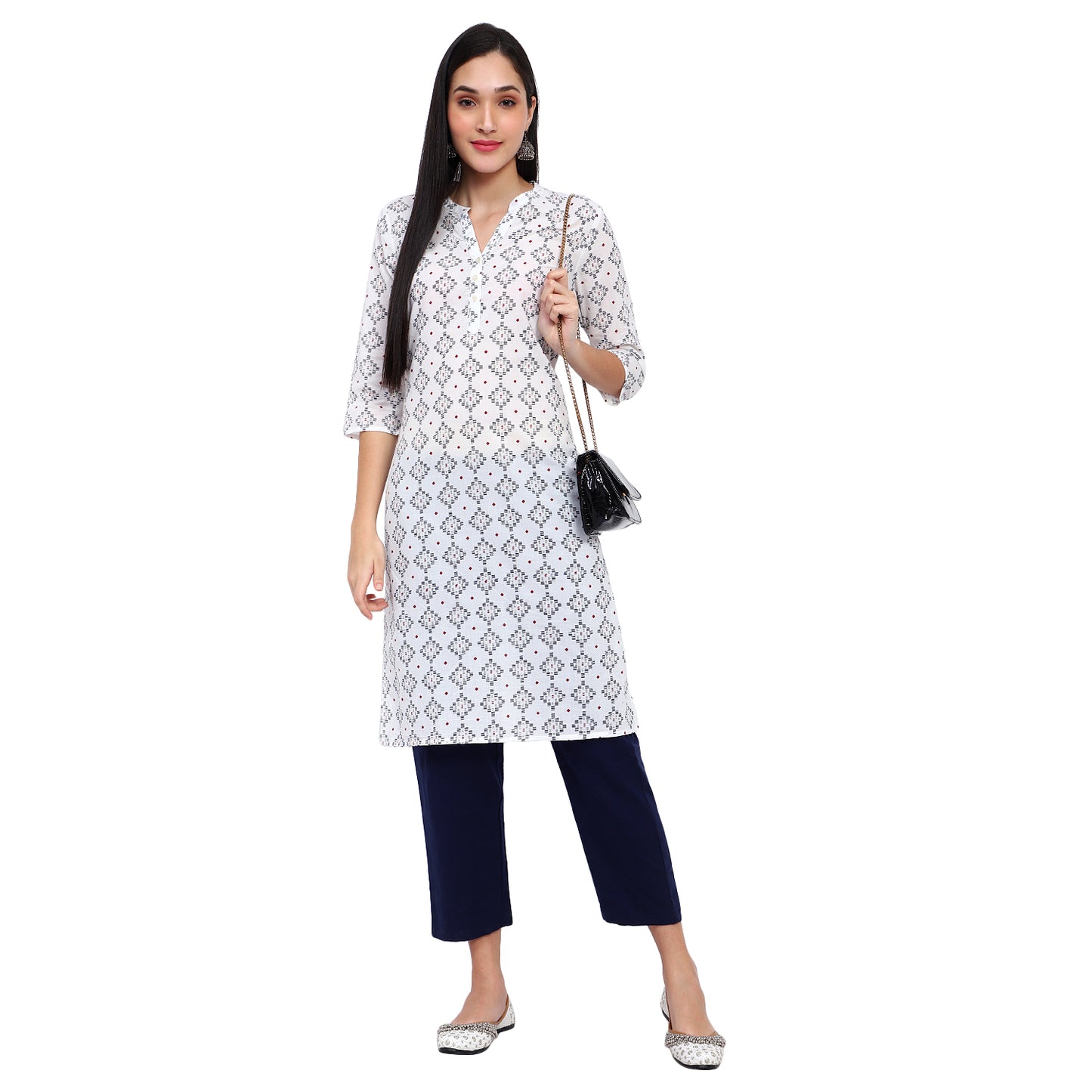 White Geometric Print Cotton Kurta