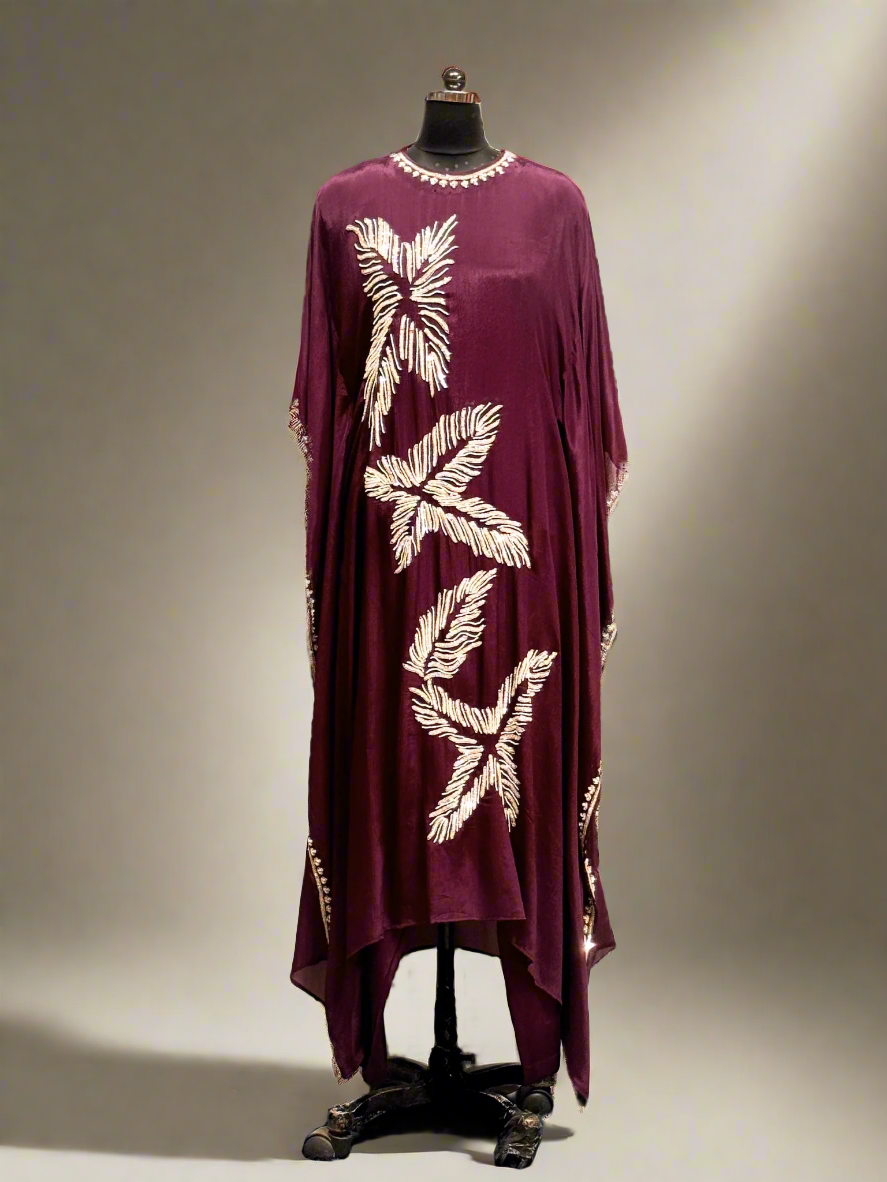 Wine Crepe Kaftan Set