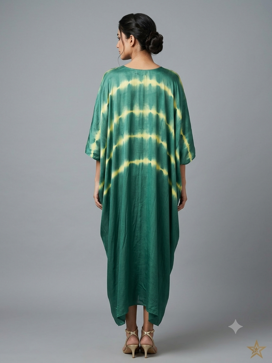 Emerald Green Tie & Dye Kaftan with Bohemian Neckpiece