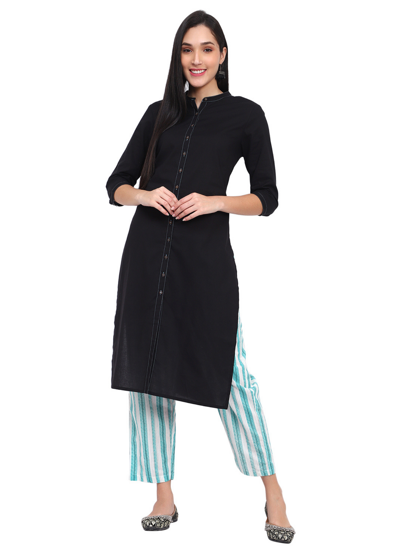 Black Cotton Kurta Blue Striped Pants Kurta