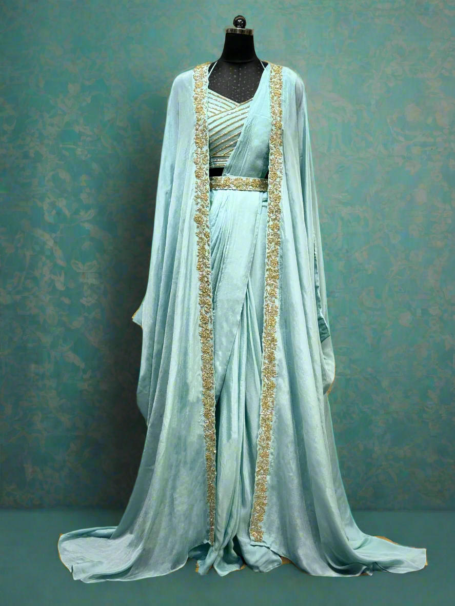 Sky Blue Chinon Hand Embellished Draped Saree with Cape