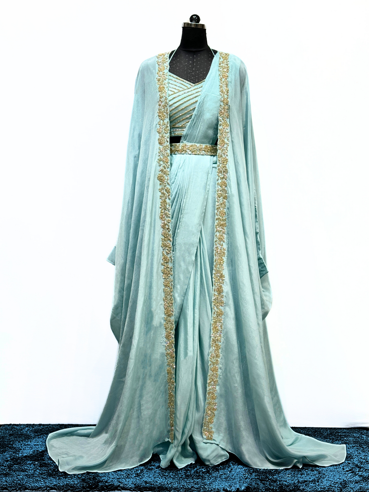 Sky Blue Chinon Hand Embellished Draped Saree with Cape