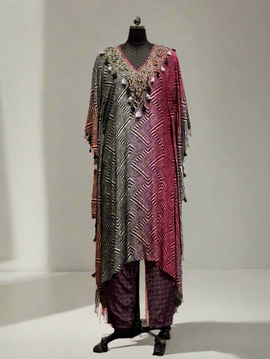 Grey Chinon Printed Kaftan Cord Set