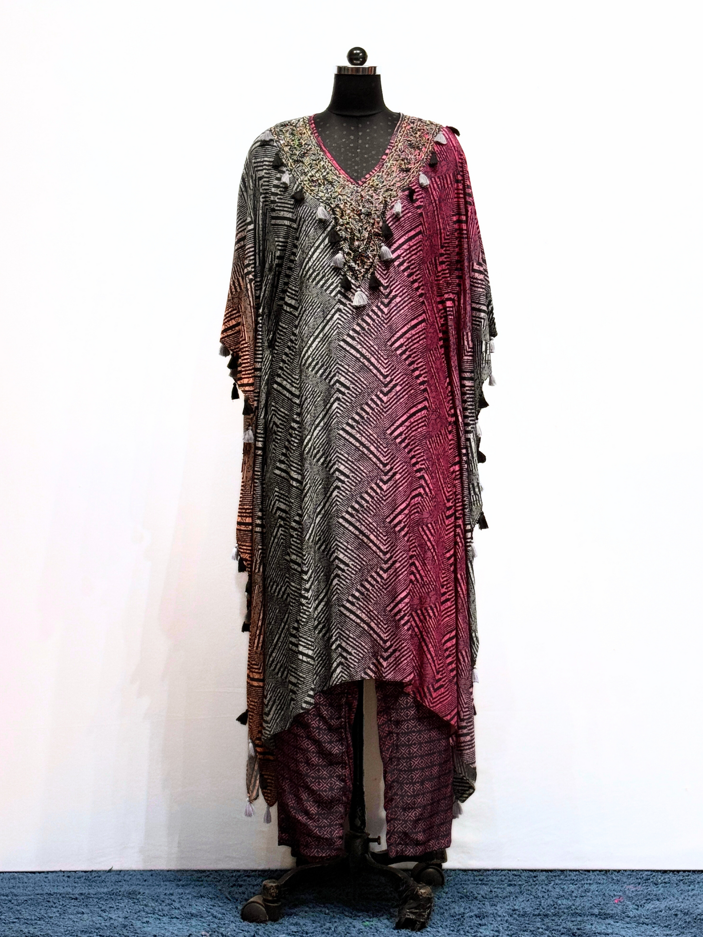 Grey Chinon Printed Kaftan Cord Set