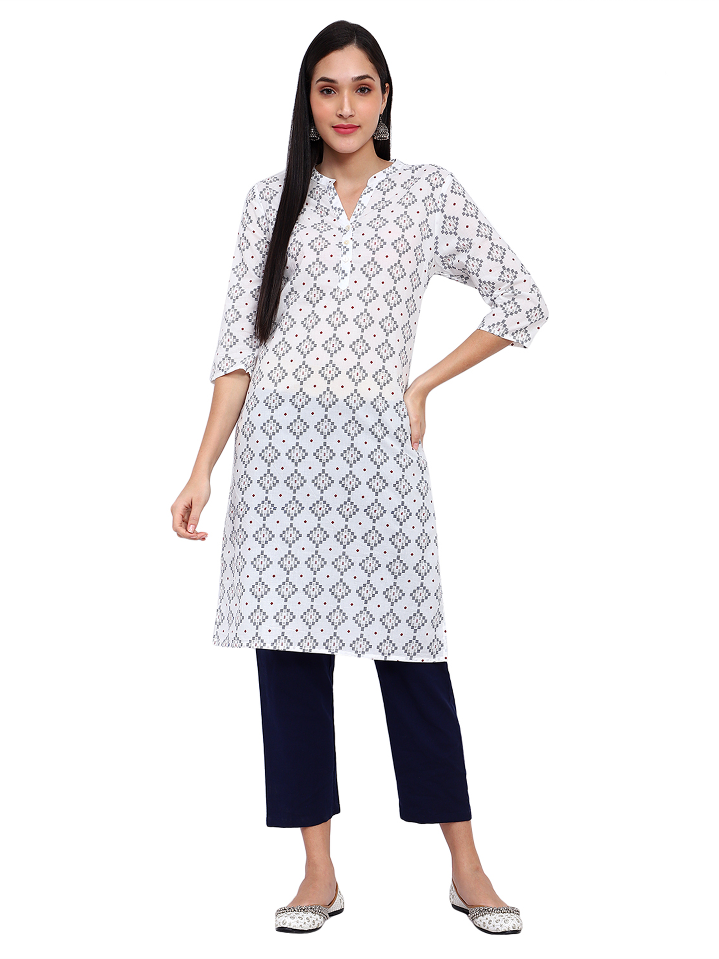 White Geometric Print Cotton Kurta