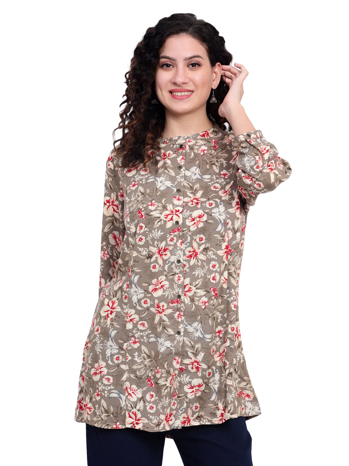 Grey Foil Printed Rayon Silk Short Kurta