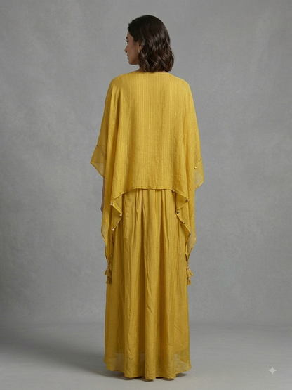 Yellow Chinon Kimono Set with Draped Skirt