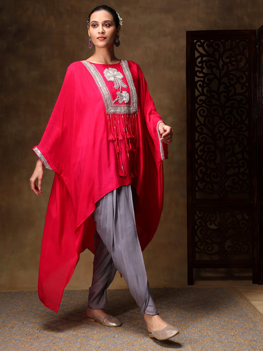 Georgette Fuschia Pink Kaftan with Grey Tulip Pants