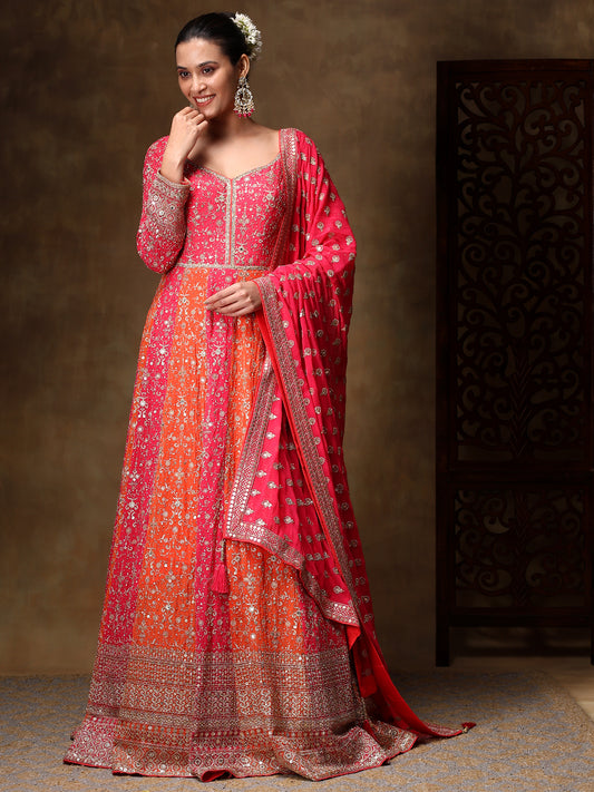 Pink Georgette Anarkali Embellished with Thread and Mirror Work