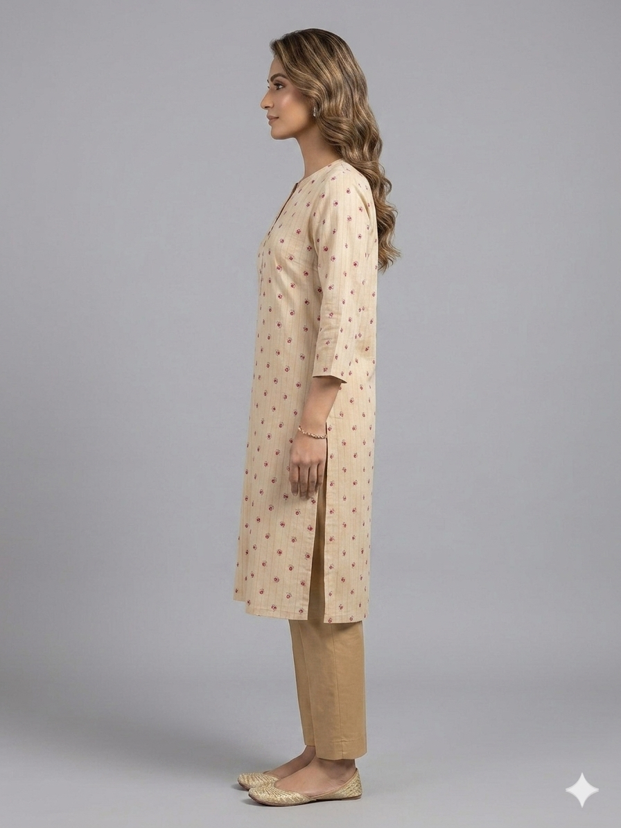 Beige Cotton Printed Kurta