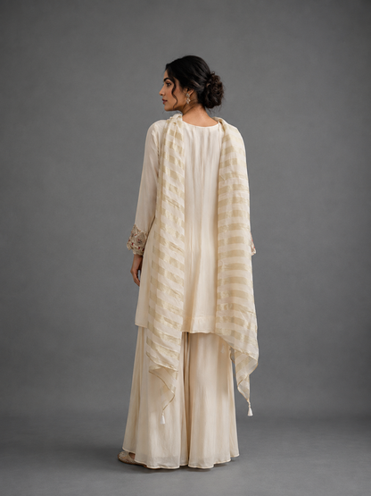 Off-White Raw Silk Hand Embroidered Kalidaar Kurta With Flared Pants and Tissue Silk Dupatta