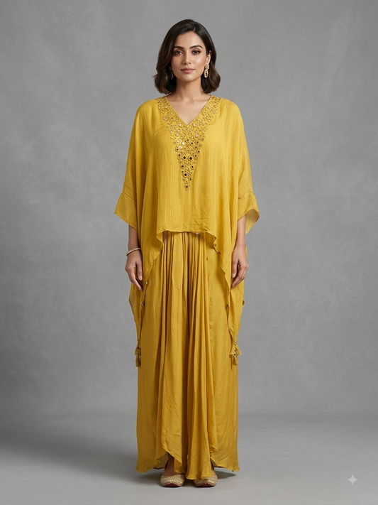 Yellow Chinon Kimono Set with Draped Skirt