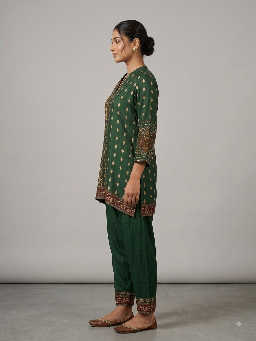 Green Crepe Printed Cord Set