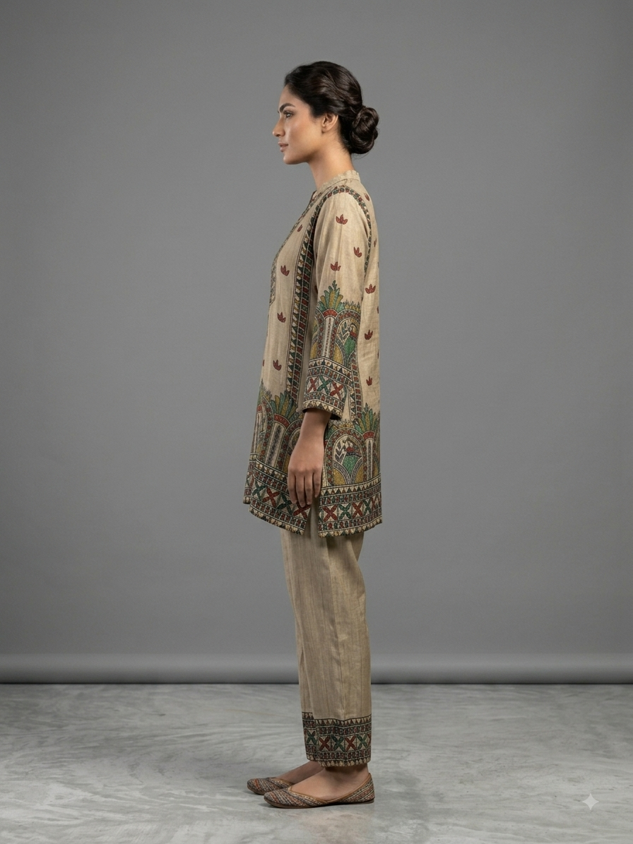 Beige Crepe Printed Cord Set