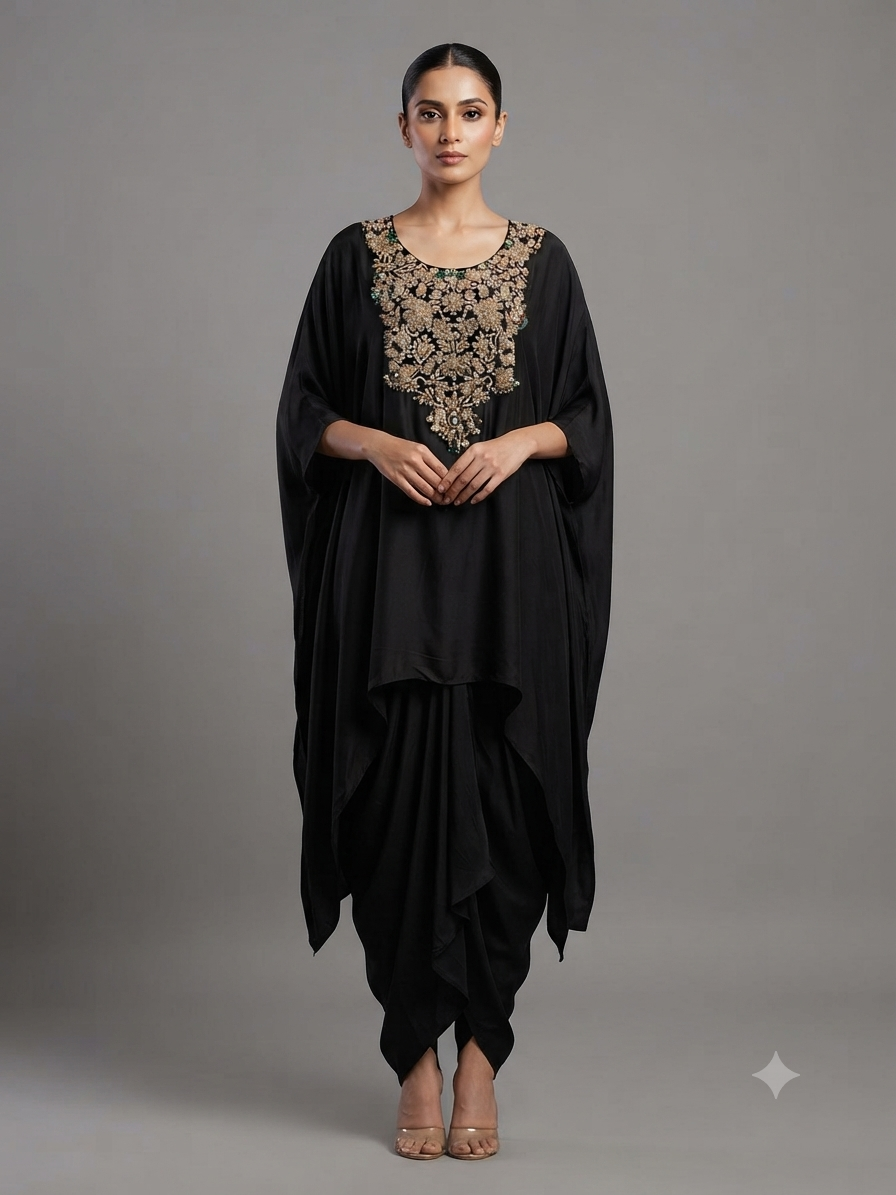 Black Satin Embellished Kaftan with Cowl Drape Skirt