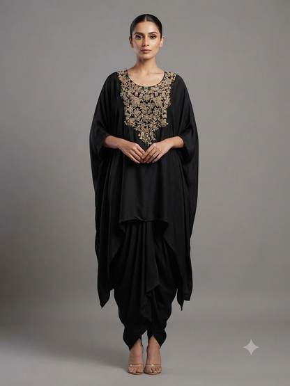 Black Satin Embellished Kaftan with Cowl Drape Skirt