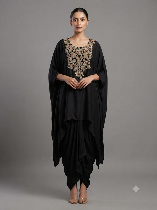 Black Satin Embellished Kaftan with Cowl Drape Skirt