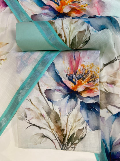 Blue &white printed Maheshwari cotton unstitch fabric