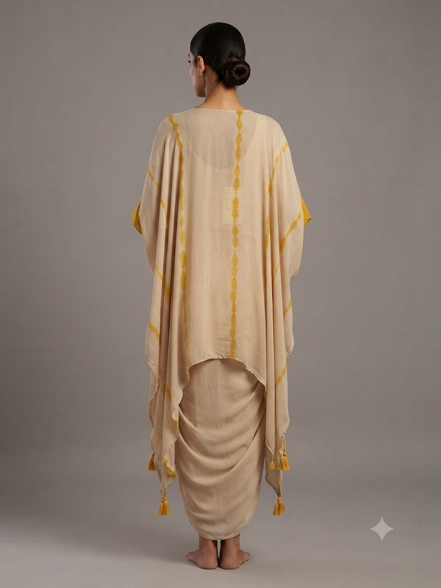 Beige georgette Thread Work Kaftan with Cowl Dreap Skirt